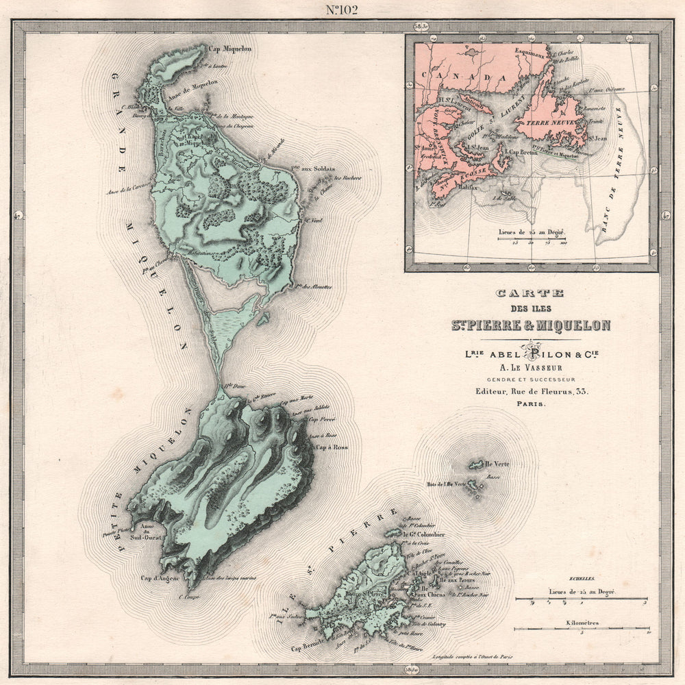 ILES ST. PIERRE & MIQUELON. Saint Pierre. Relief & towns. LE VASSEUR 1876 map