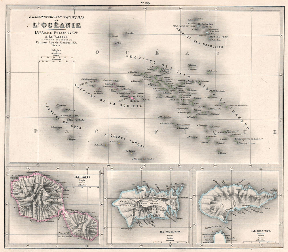 POLYNESIE FRANÇAISE Tahiti Marquesas Marquises Nouka-Hiva-Hoa LEVASSEUR 1876 map