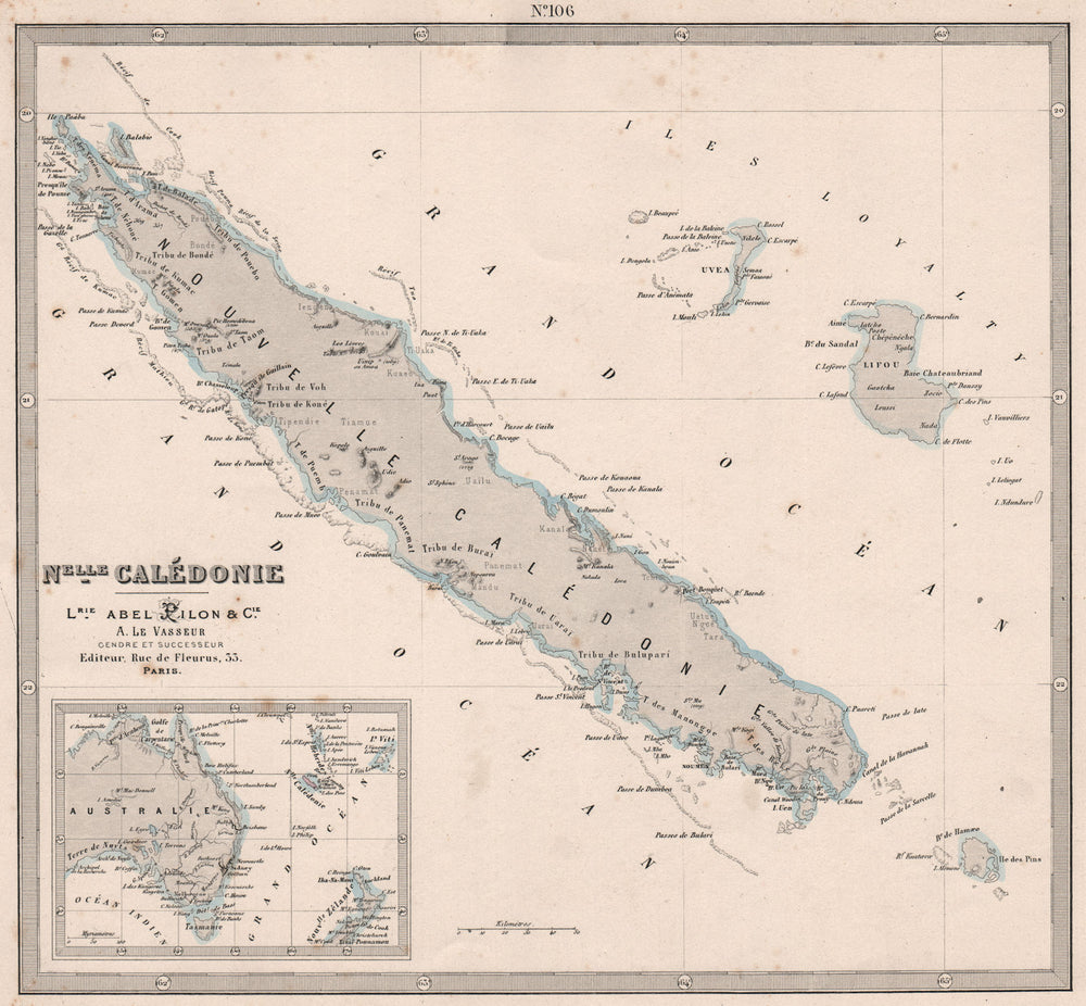 NOUVELLE-CALÉDONIE. New Caledonia, Lifou & Ouvea. Melanesia. LE VASSEUR 1876 map