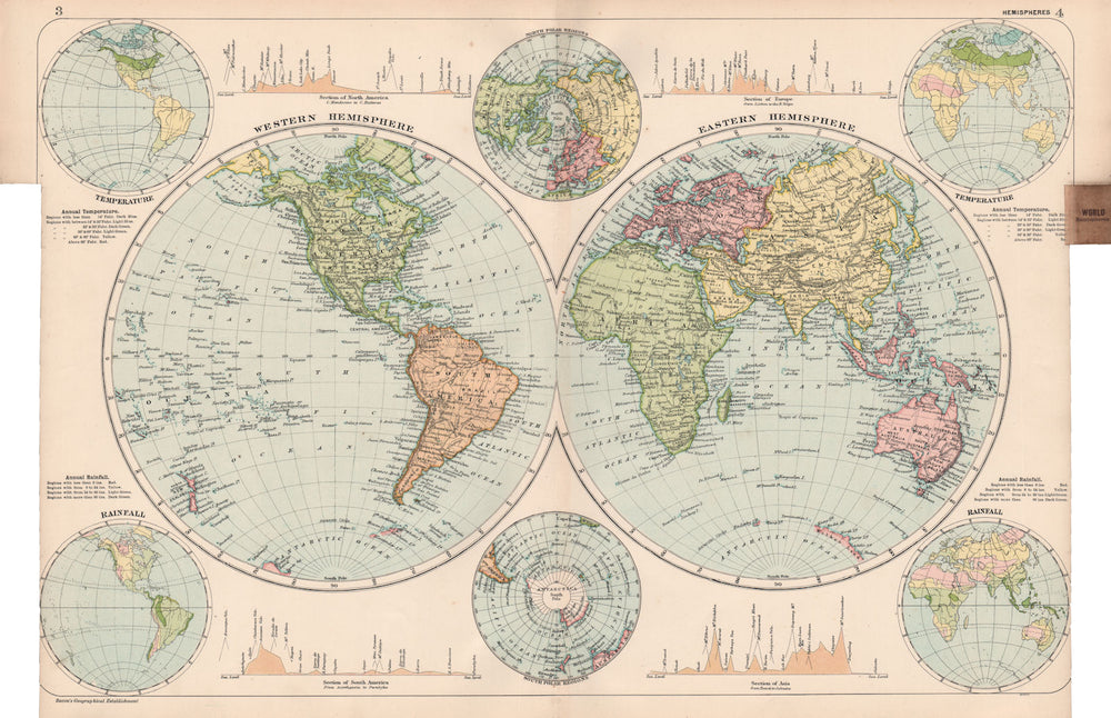 WORLD IN HEMISPHERES.Continental sections.Rainfall Polar regions.BACON 1903 map