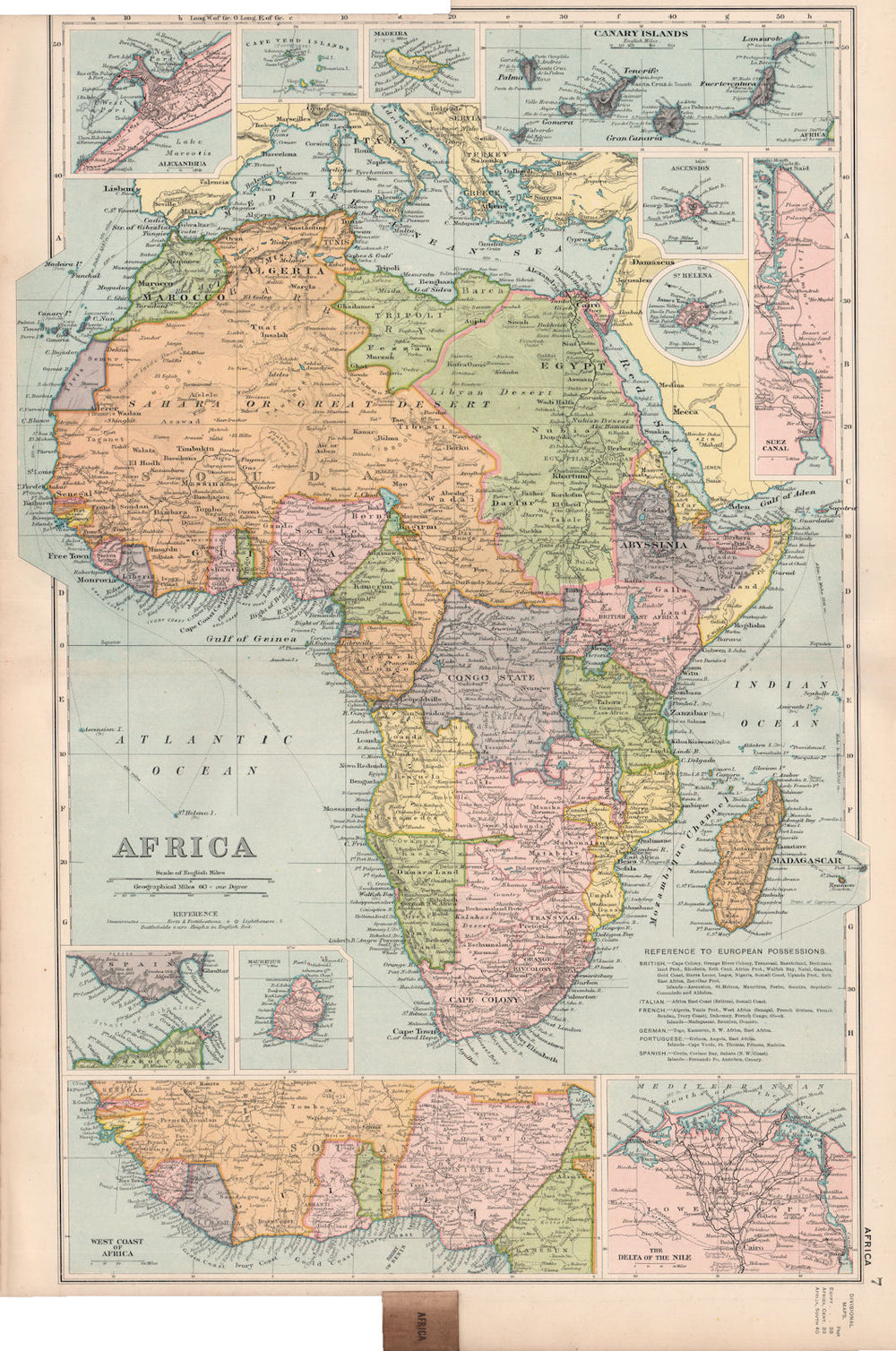 COLONIAL AFRICA.British German French Madeira Canaries Mauritius.BACON 1903 map