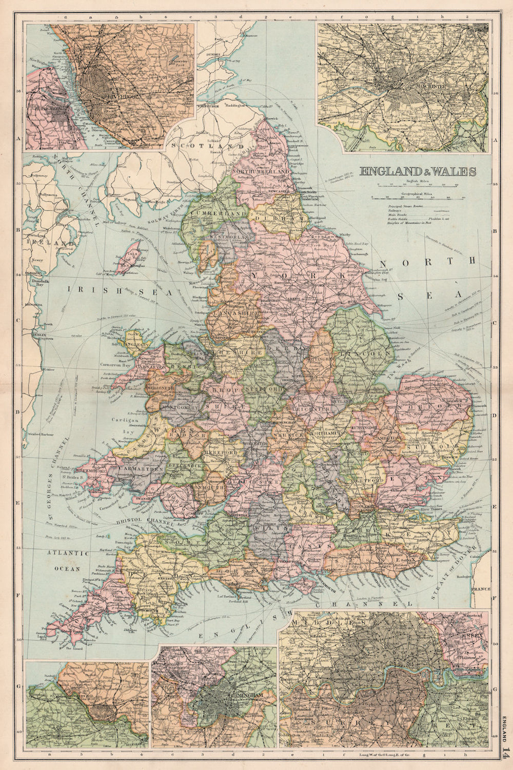 ENGLAND & WALES showing battlefields/dates. Plans of major cities.BACON 1903 map