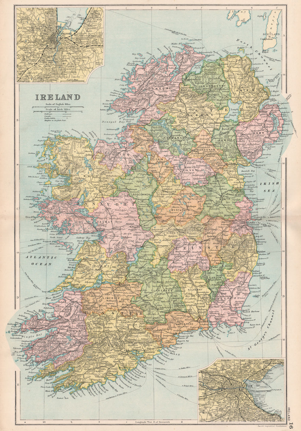 IRELAND showing battlefields/dates. Counties.Belfast/Dublin plans.BACON 1903 map