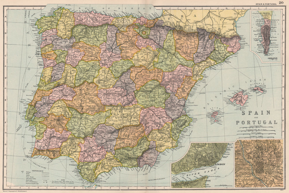 IBERIA Spain Portugal. Battles/dates. Gibraltar Lisbon Madrid. BACON 1903 map