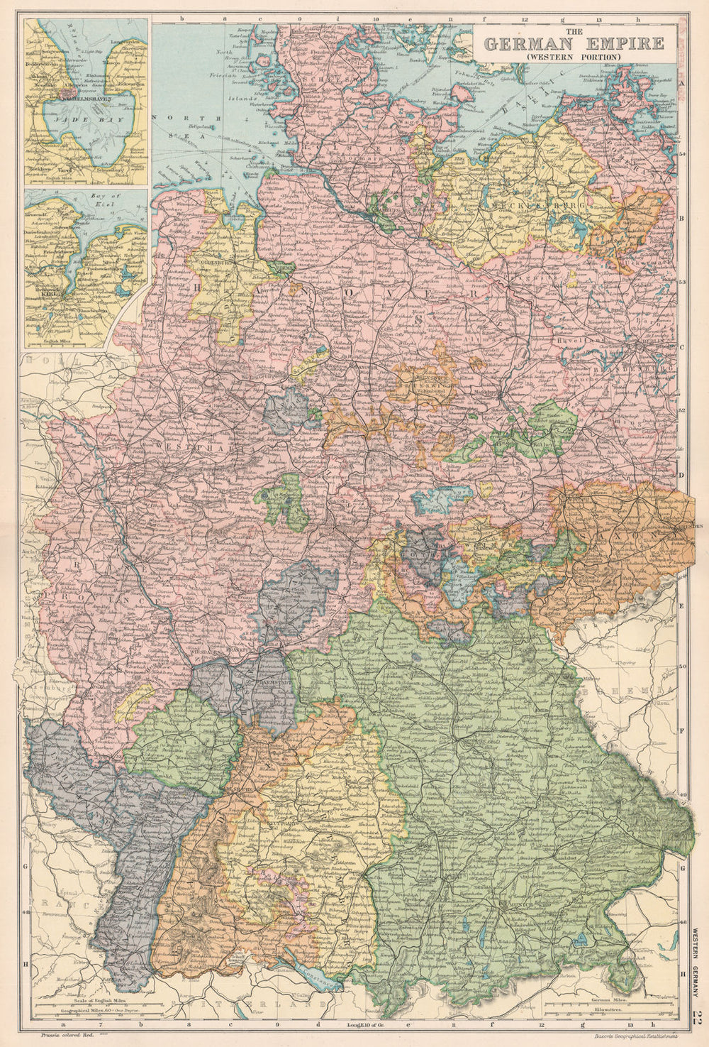 GERMANY.German Empire(West);inset Wilhelmshaven Kiel.Railways.BACON 1903 map