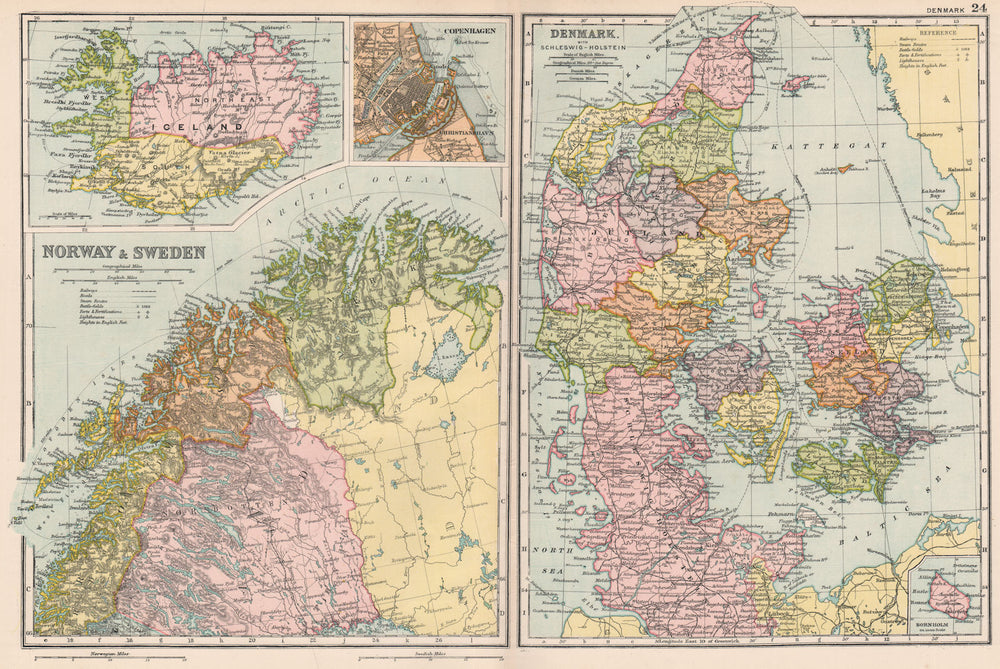 SCANDINAVIA. Lapland Iceland Denmark Copenhagen. Norway & Sweden. BACON 1903 map