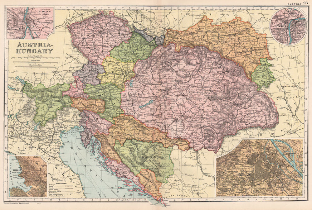 AUSTRIA-HUNGARY. Railways. Insets Budapest Trieste Vienna Prague. BACON 1903 map