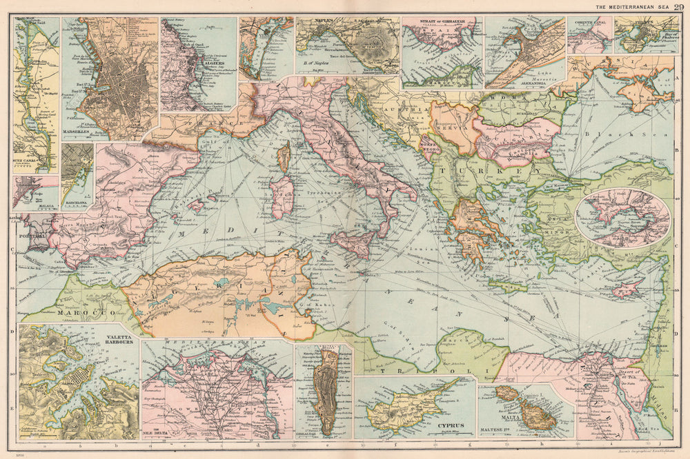 MEDITERRANEAN PORTS. Marseille Gibraltar Valetta Naples Algiers Piraeus 1903 map