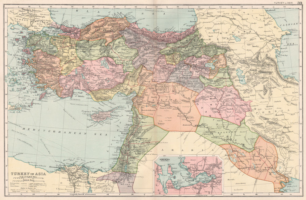 TURKEY IN ASIA inset Gulf of Izmir/Smyrna. Scale in Turkish Berri.BACON 1903 map