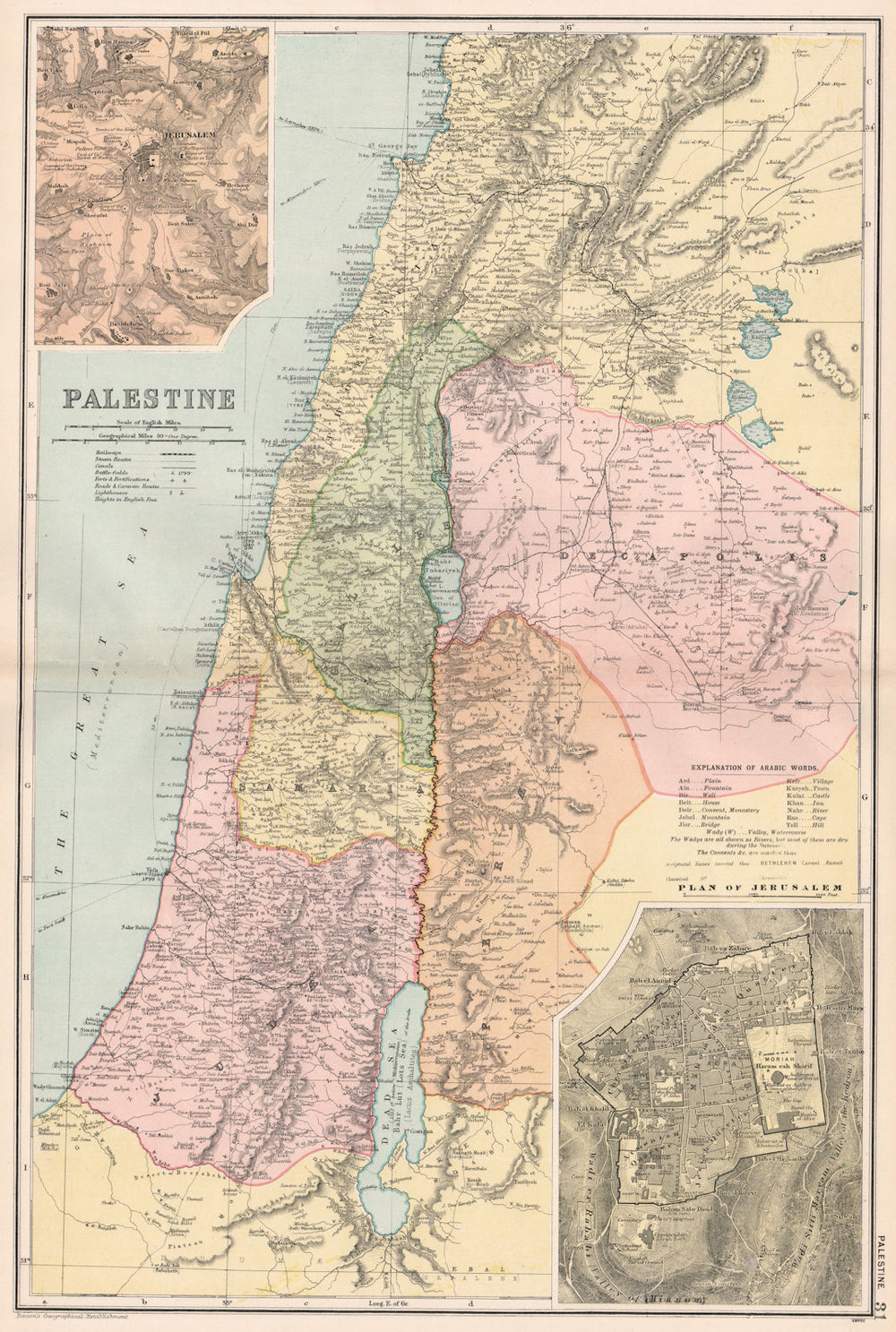 PALESTINE Holy Land. Biblical names. Battles/dates.Jerusalem plan.BACON 1903 map