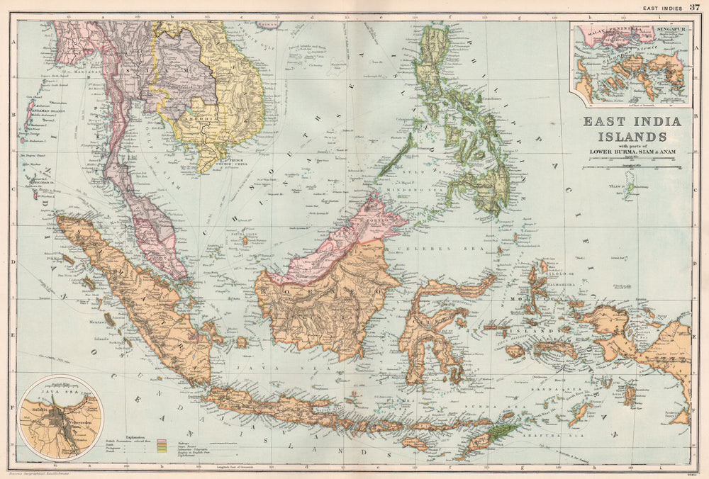 EAST INDIES showing French zone of influence in Siam. Inset Singapore 1903 map
