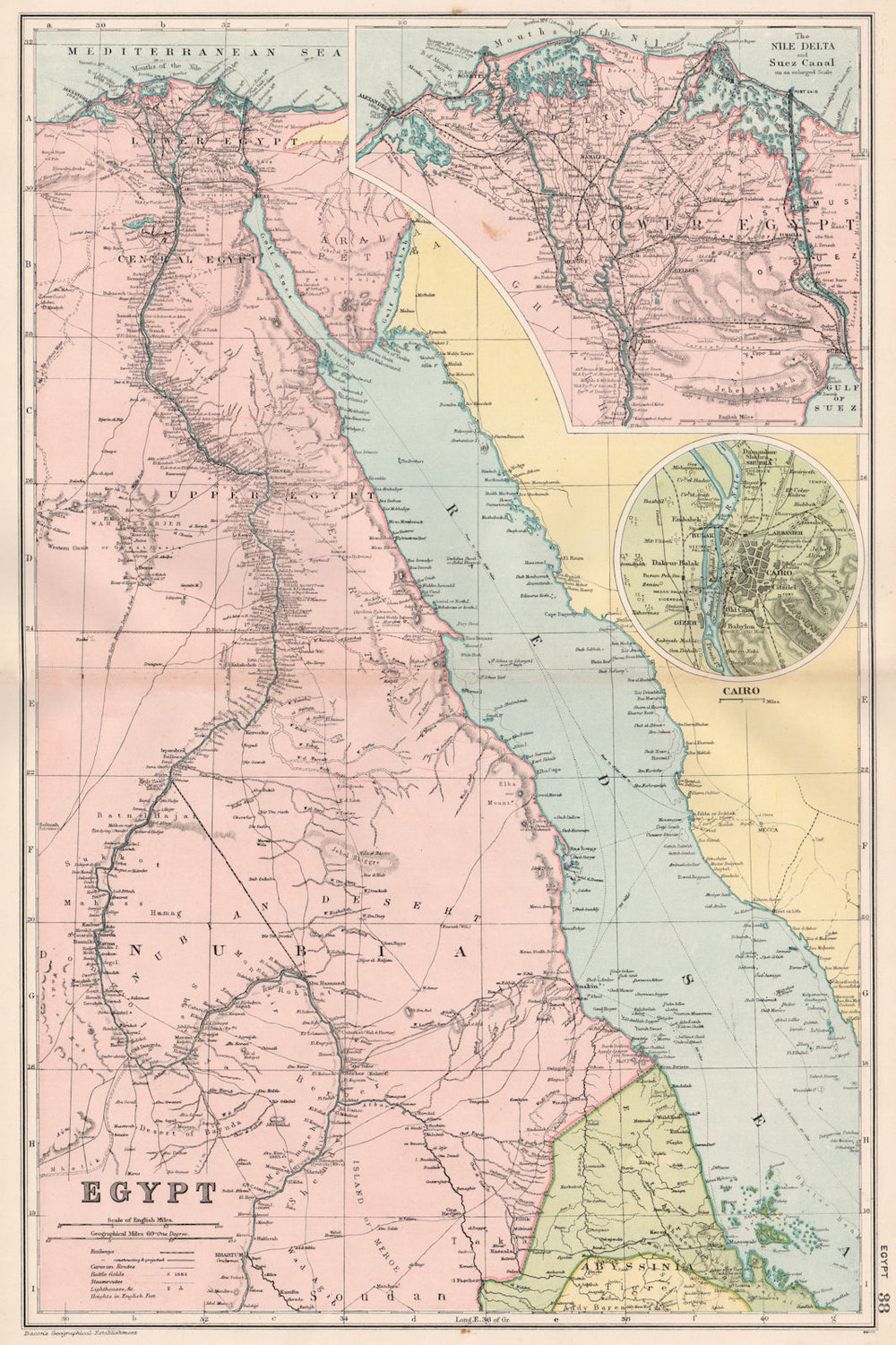 EGYPT NILE VALLEY RED SEA. Delta Suez Canal Cairo. Battles/dates. BACON 1903 map