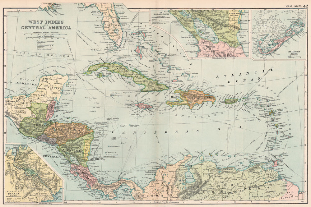 CARIBBEAN. West Indies and Central America; inset Panama Canal; Bermuda 1903 map