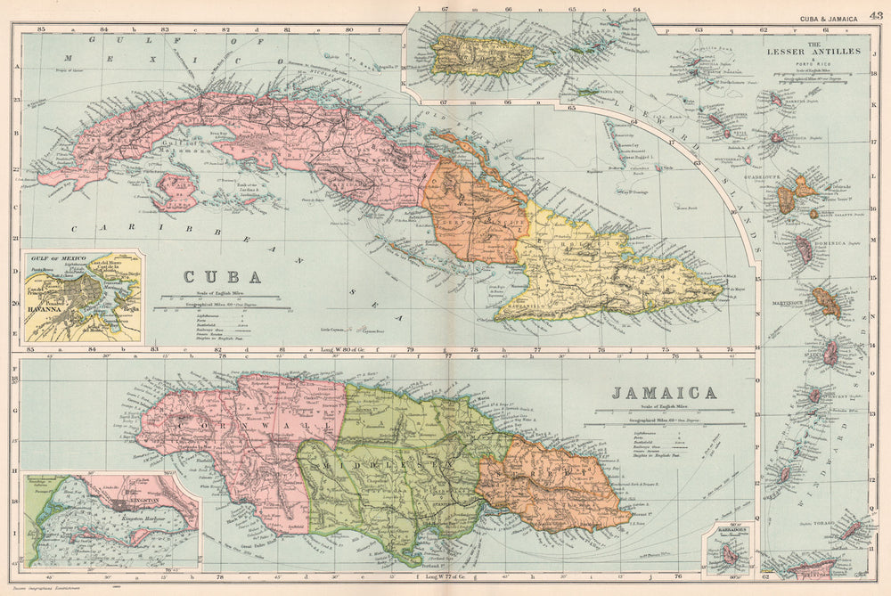 WEST INDIES. Cuba Jamaica Lesser Antilles. Inset Havana Kingston. BACON 1903 map