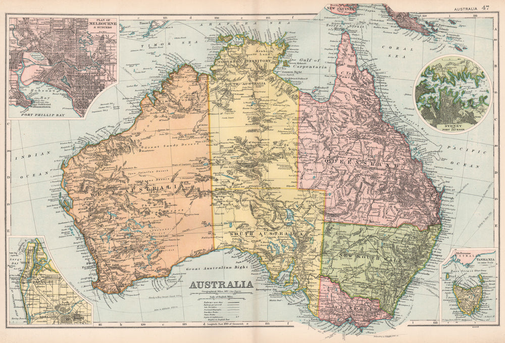AUSTRALIA with Melbourne Adelaide Sydney plans. Explorers routes. BACON 1903 map