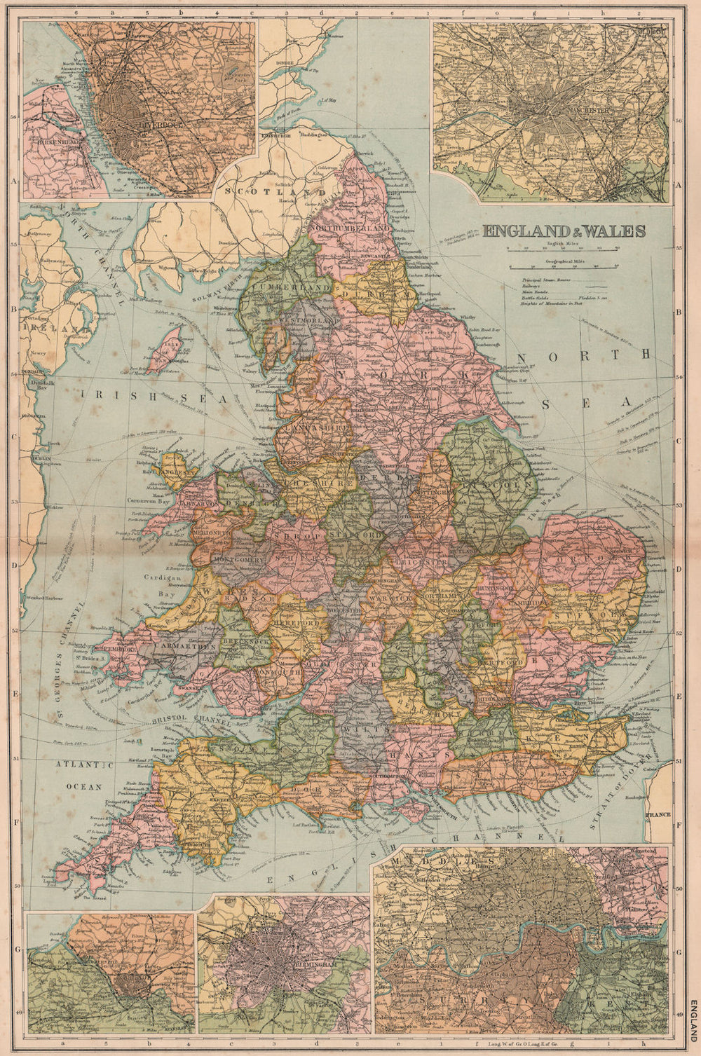 ENGLAND & WALES. Liverpool Manchester Bristol Birmingham London. BACON 1901 map