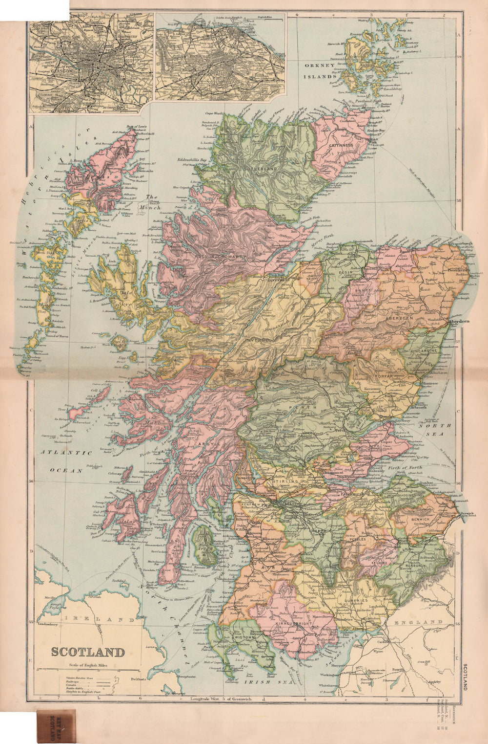 SCOTLAND. Edinburgh Glasgow environs. Counties. Railways. BACON 1901 old map