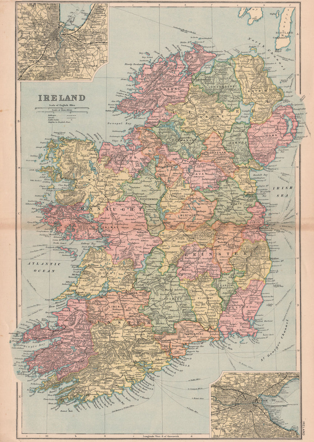 IRELAND. Battles/dates Dublin Belfast environs Counties Railways. BACON 1901 map