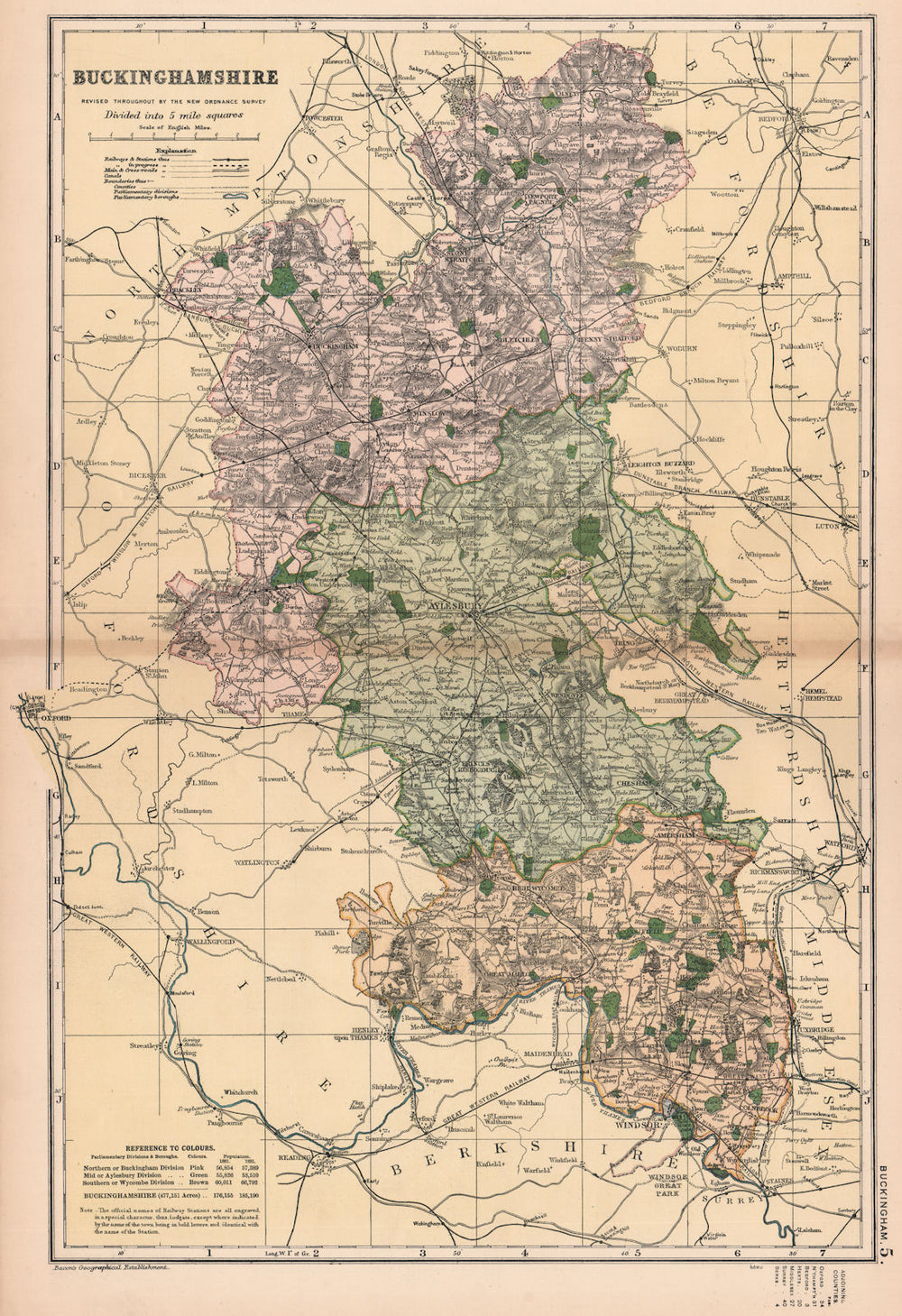 BUCKINGHAMSHIRE. Showing Parliamentary divisions,boroughs & parks.BACON 1901 map