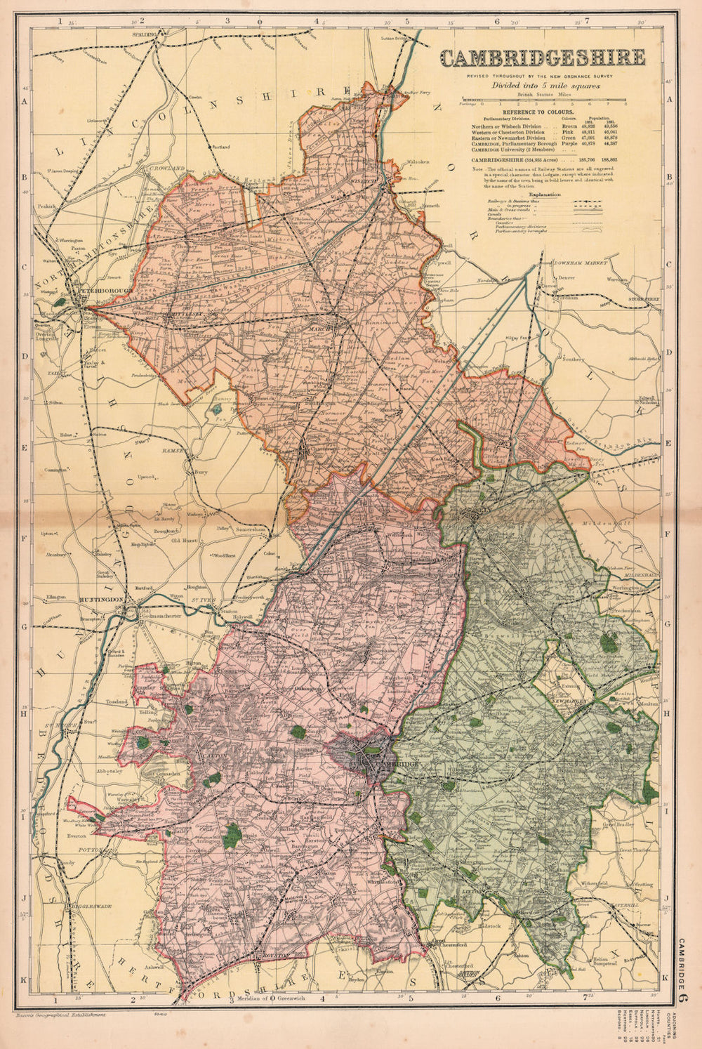 CAMBRIDGESHIRE. Showing Parliamentary divisions,boroughs & parks.BACON 1901 map