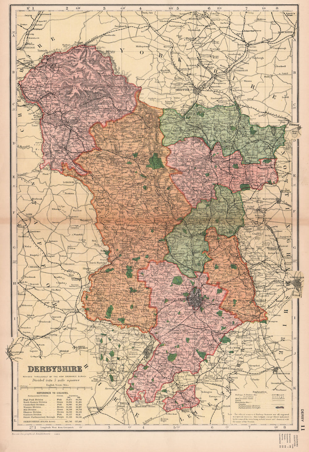 DERBYSHIRE. Showing Parliamentary divisions, boroughs & parks. BACON 1901 map