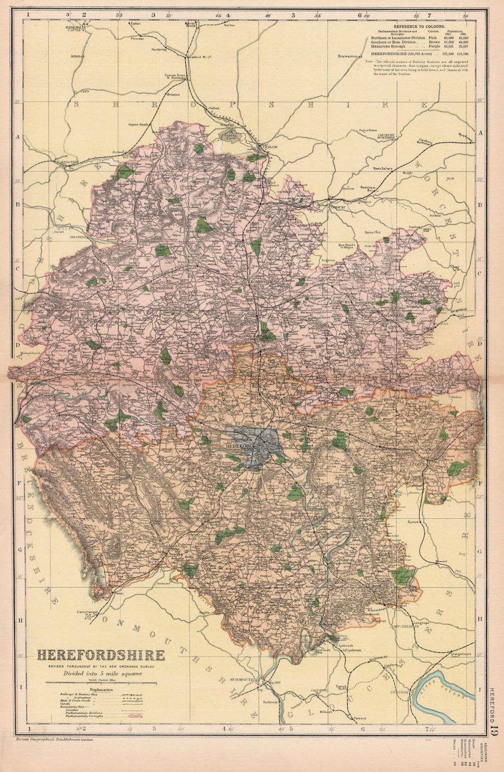 HEREFORDSHIRE. Showing Parliamentary divisions, boroughs & parks. BACON 1901 map