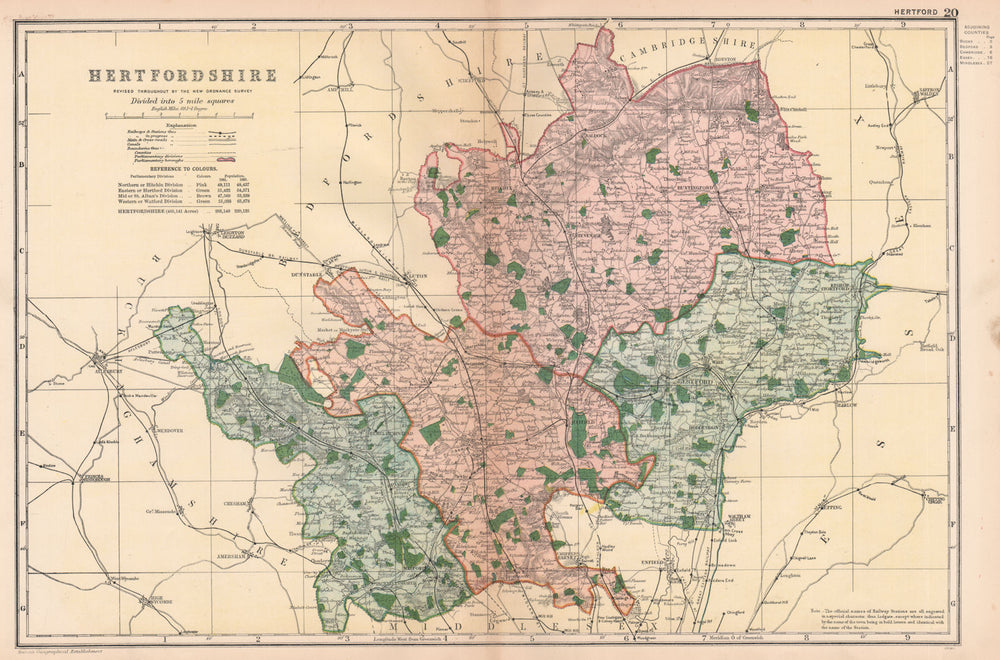 HERTFORDSHIRE. Showing Parliamentary divisions, boroughs & parks. BACON 1901 map
