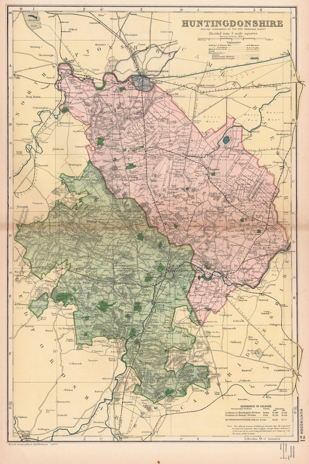 HUNTINGDONSHIRE. Showing Parliamentary divisions,boroughs & parks.BACON 1901 map
