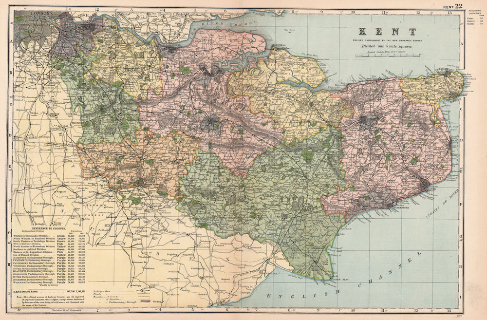 KENT. Showing Parliamentary divisions, boroughs & parks. BACON 1901 old map