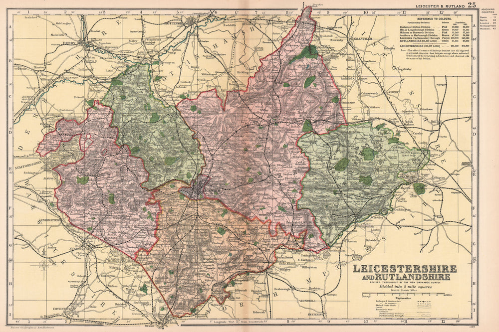 LEICESTERSHIRE AND RUTLANDSHIRE. Parliamentary divisions & parks. BACON 1901 map