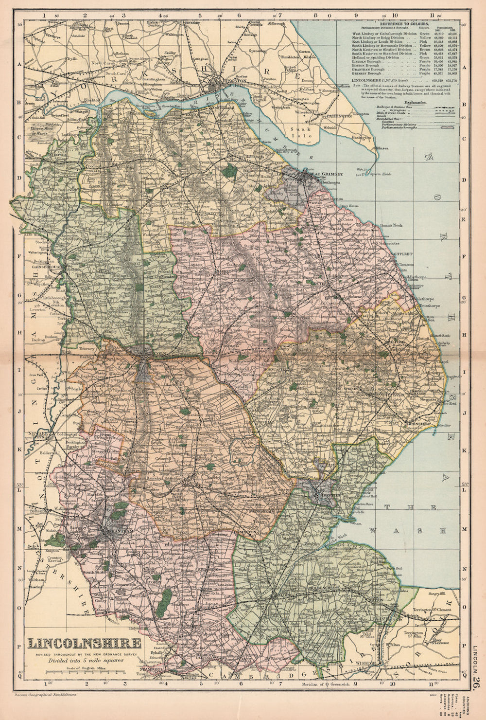 LINCOLNSHIRE. Showing Parliamentary divisions, boroughs & parks. BACON 1901 map