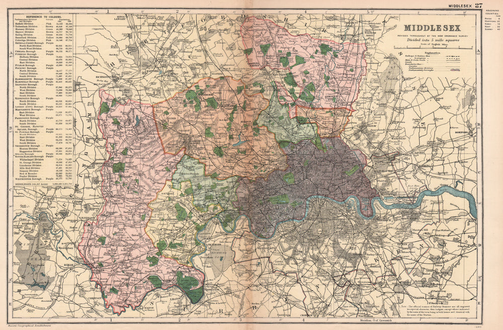 MIDDLESEX showing Parliamentary divisions,boroughs & parks.London.BACON 1901 map