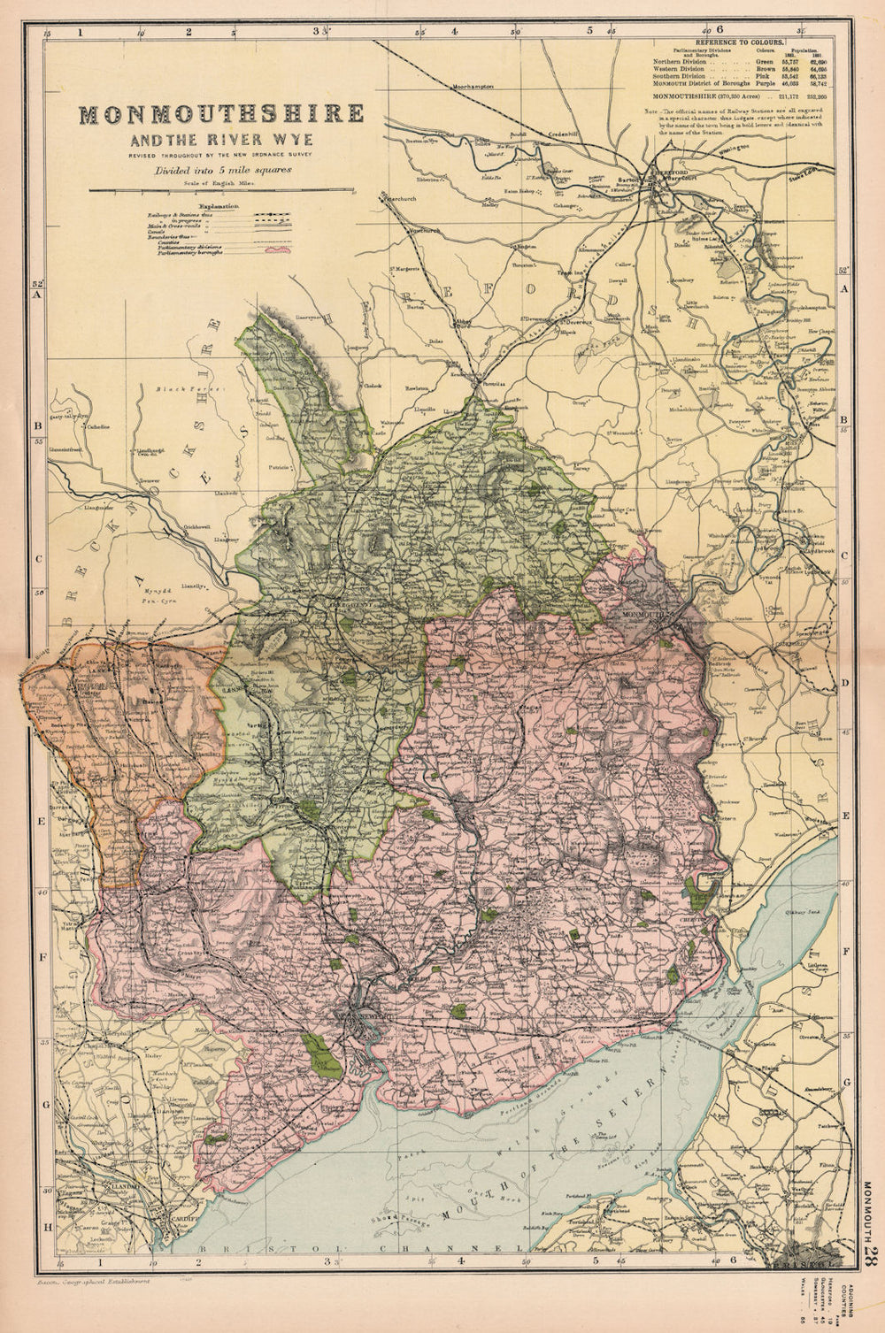MONMOUTHSHIRE AND THE RIVER WYE. Constituencies,boroughs & parks.BACON 1901 map