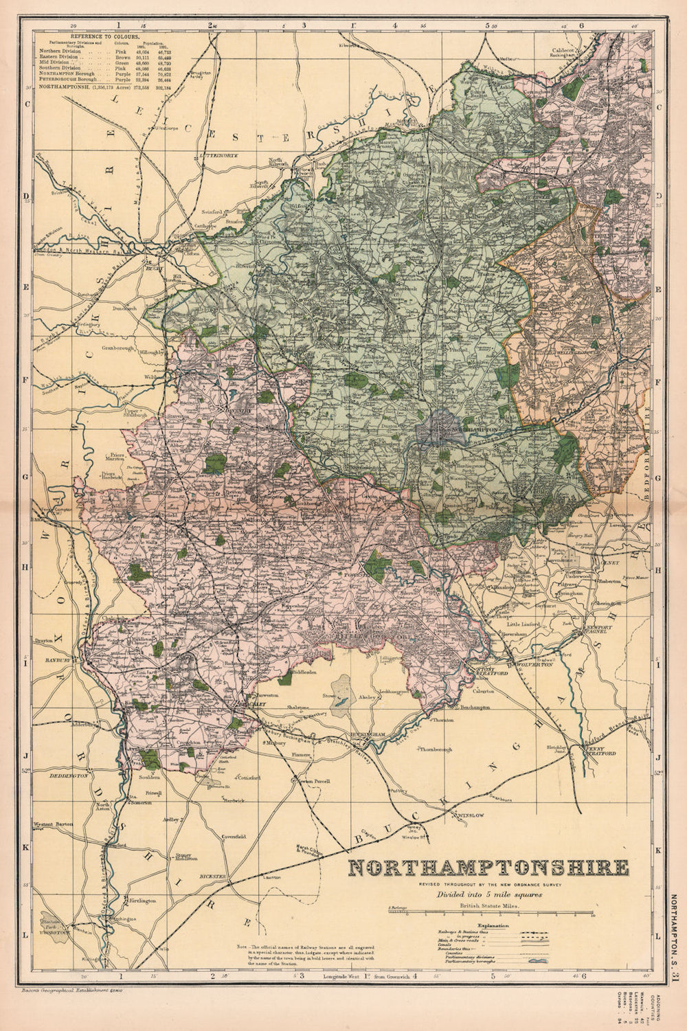 NORTHAMPTONSHIRE (SOUTH). Constituencies, boroughs & parks. BACON 1901 old map