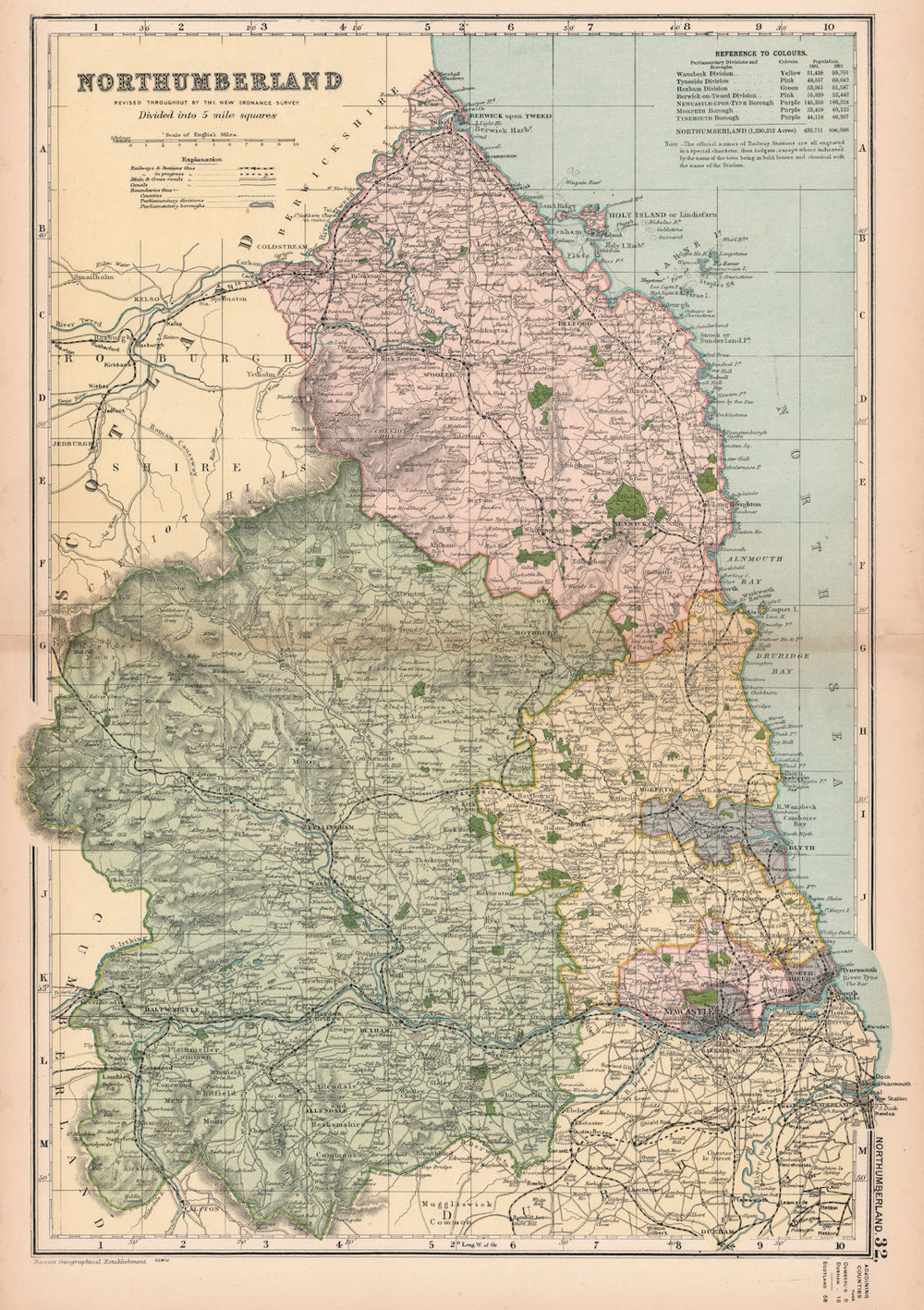 NORTHUMBERLAND. Showing Parliamentary divisions,boroughs & parks.BACON 1901 map