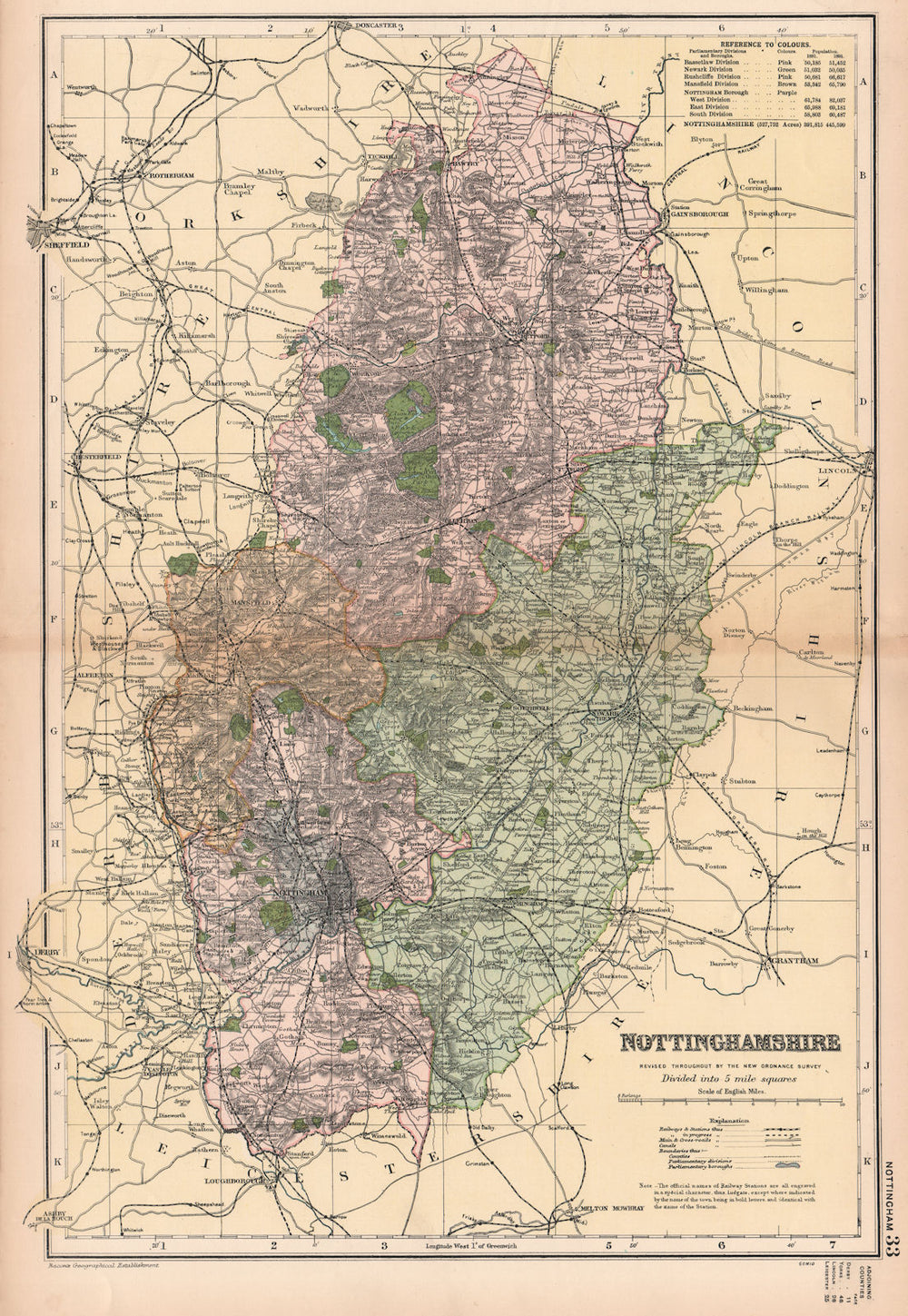 NOTTINGHAMSHIRE. Showing Parliamentary divisions,boroughs & parks.BACON 1901 map