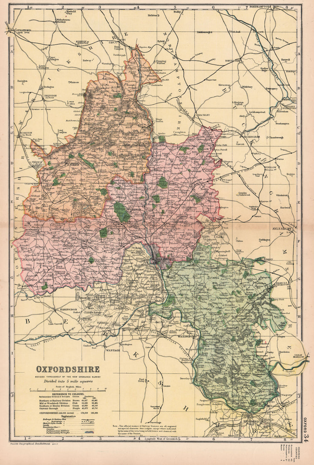 OXFORDSHIRE. Showing Parliamentary divisions, boroughs & parks. BACON 1901 map