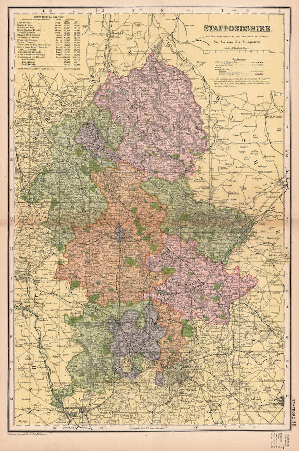 STAFFORDSHIRE. Showing Parliamentary divisions, boroughs & parks. BACON 1901 map
