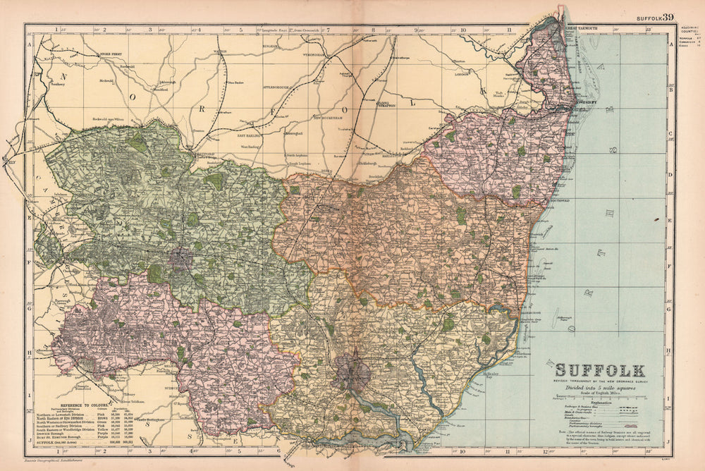 SUFFOLK. Showing Parliamentary divisions, boroughs & parks. BACON 1901 old map