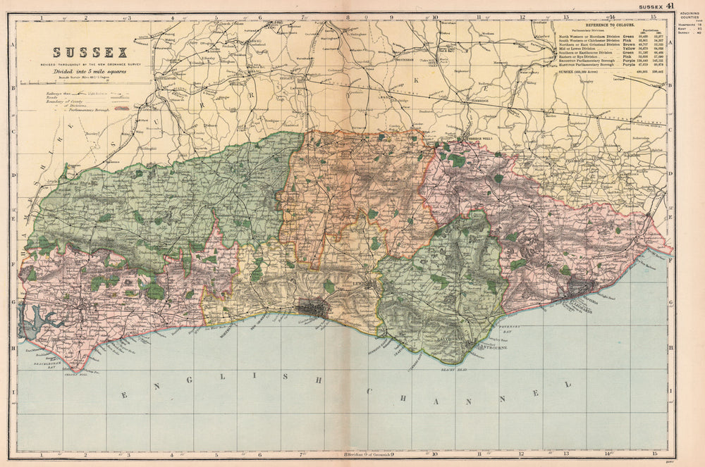 SUSSEX. Showing Parliamentary divisions, boroughs & parks. BACON 1901 old map
