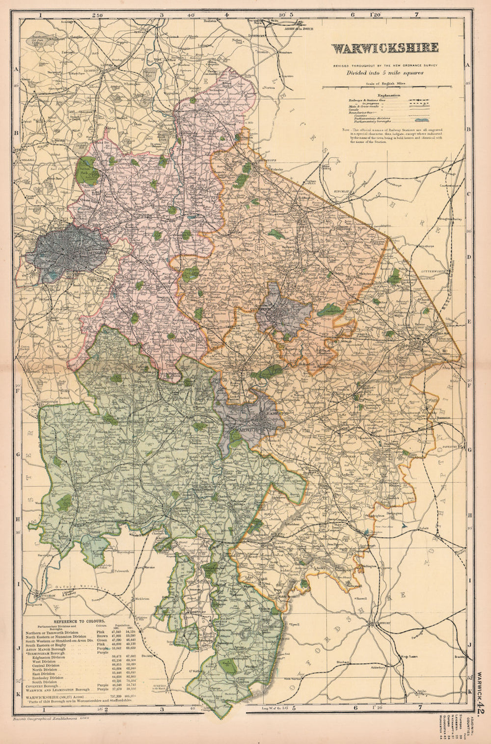 WARWICKSHIRE. Showing Parliamentary divisions, boroughs & parks. BACON 1901 map