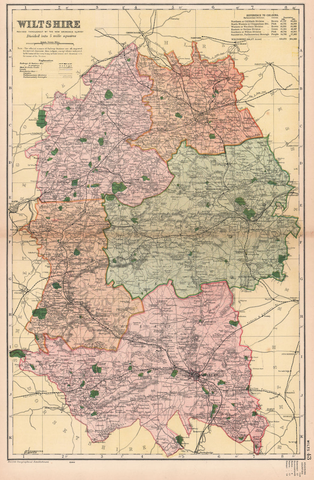 WILTSHIRE. Showing Parliamentary divisions, boroughs & parks. BACON 1901 map