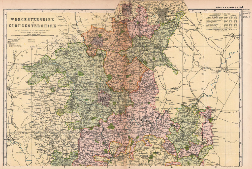 WORCESTERSHIRE AND GLOUCESTERSHIRE NORTH. Parliamentary divisions.BACON 1901 map