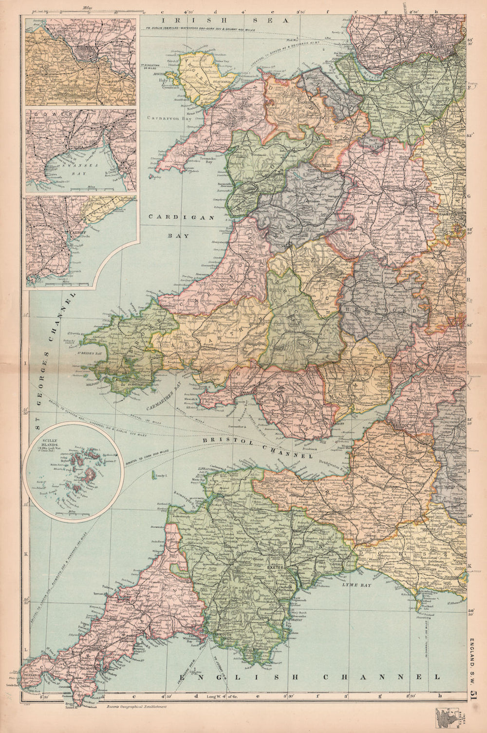 ENGLAND SOUTH WEST/WALES. Bristol Gower Cardiff environs.Railways.BACON 1901 map