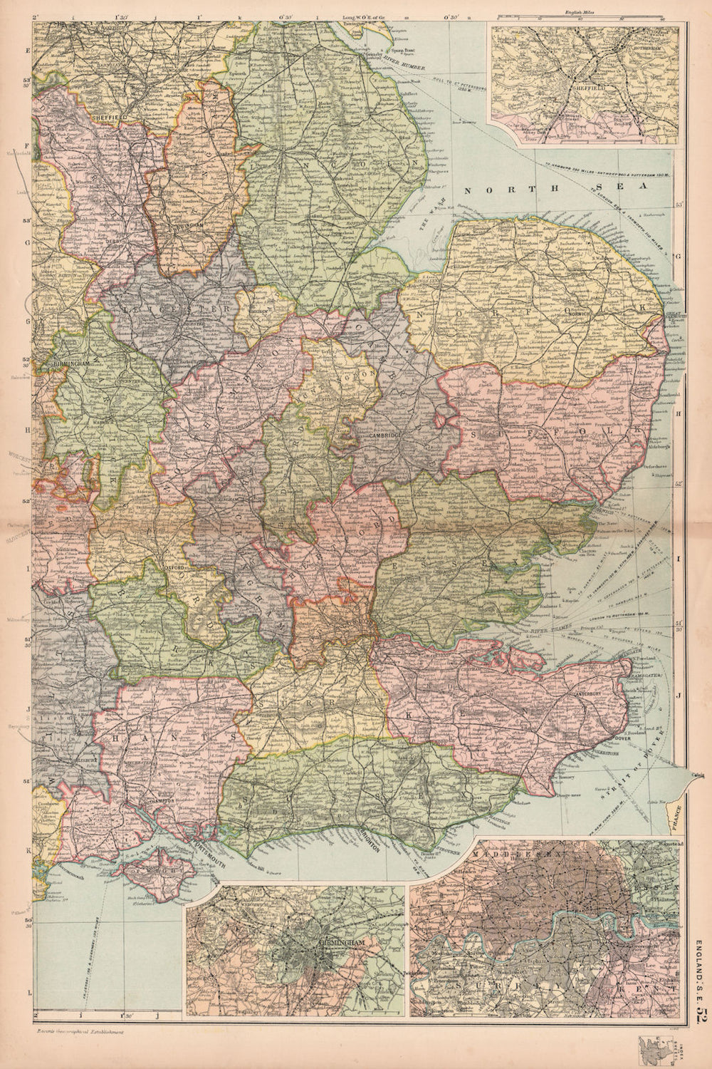 ENGLAND SOUTH EAST MIDLANDS. Sheffield Birmingham London.Railways.BACON 1901 map