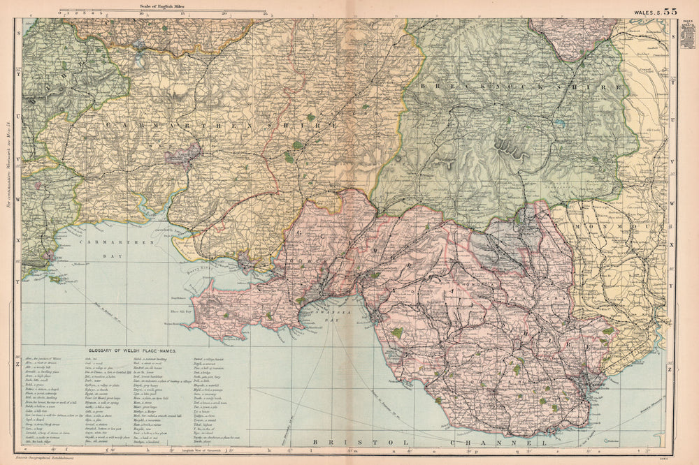 SOUTH WALES. Parliamentary divisions. Welsh place name Glossary. BACON 1901 map