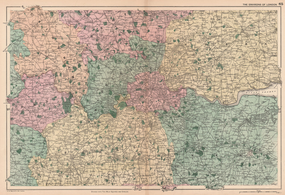 LONDON ENVIRONS. Home counties. Railways & parks. BACON 1901 old antique map