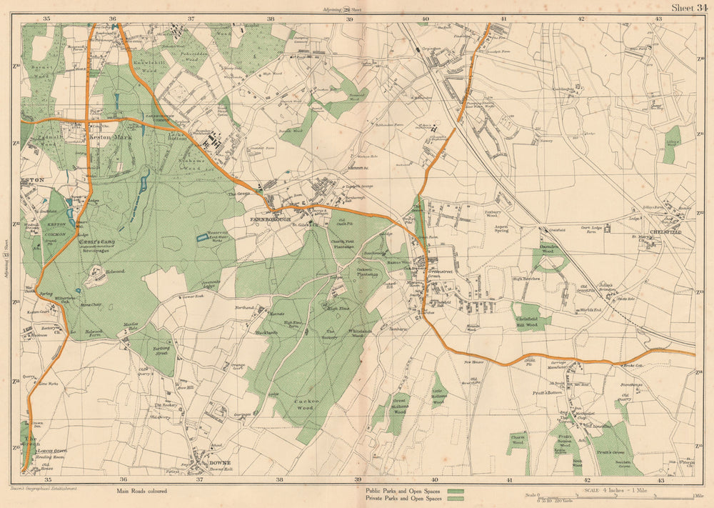 ORPINGTON Farnborough Keston Mark Pratt's Bottom Chelsfield. BACON 1927 map