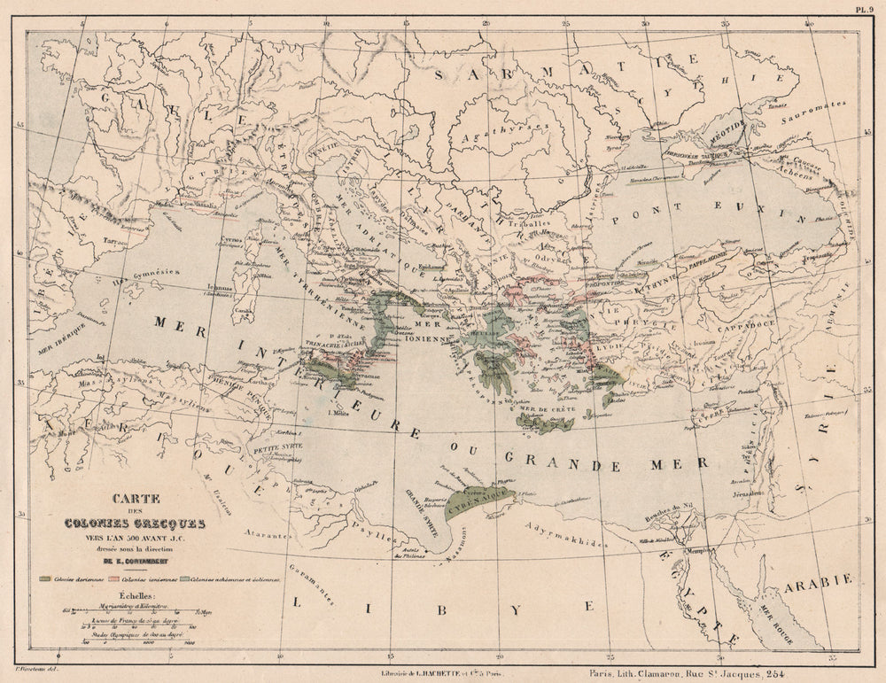 ANCIENT GREECE GREEK COLONIES in 500BC Dorian Aeolian Achaean Ionian 1880 map