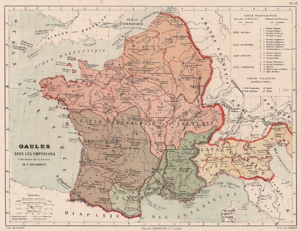 ROMAN GAUL. Gallia Narbonensis Transalpina Cisalpina Belgica Celtica 1880 map